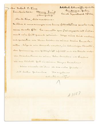 SCHWEITZER, ALBERT. Autograph Letter Signed, twice, to Robert C. Fine, in German,